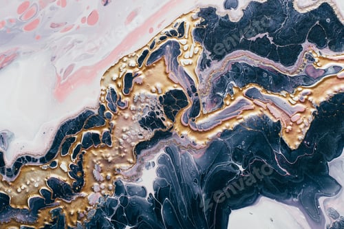 Preview: Abstract wave of liquid gold metal on blue wave background. Fluid Art. Marble effect background
