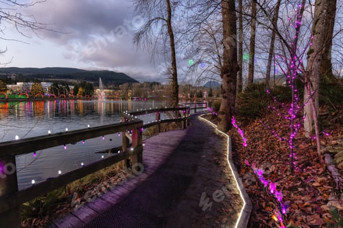 Preview: Trail in a park around Lafarge Lake with Christmas Lights