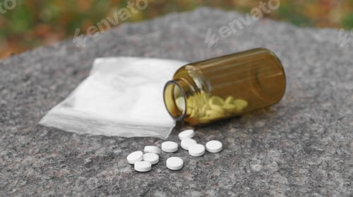 Preview: Plastic bag with powder and pills on stone surface outdoors, closeup. Hard drugs