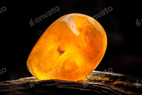 Preview: Natural amber. A piece of yellow opaque natural amber on large piece of dark stoned wood