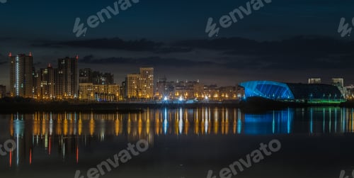 Preview: Residential area of Kazan and Palace of Water Sports, reflected in the river Kazanka. Russia