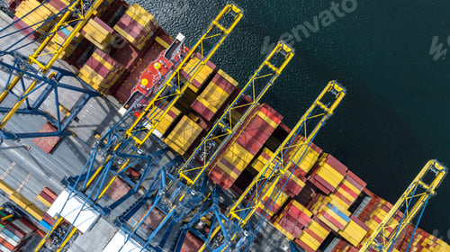 Preview: Aerial view container cargo ship at international port terminal with gantry crane, Global business