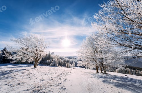 Preview: Frozen land panorama mountains covered snow