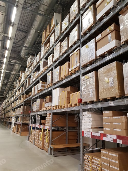 Preview: Racks with boxes in a hypermarket warehouse
-