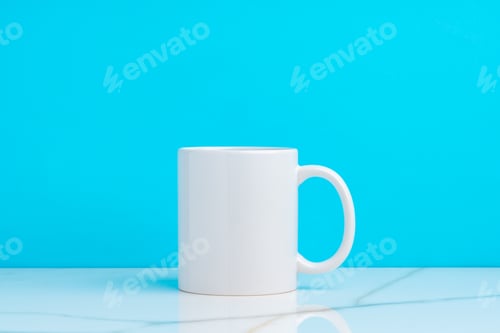 Preview: Ceramic mug on blue studio background close up