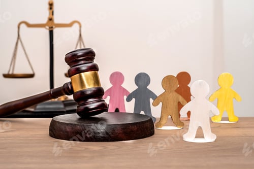 Preview: Judge's gavel, various human figures against a backdrop of the scales of justice