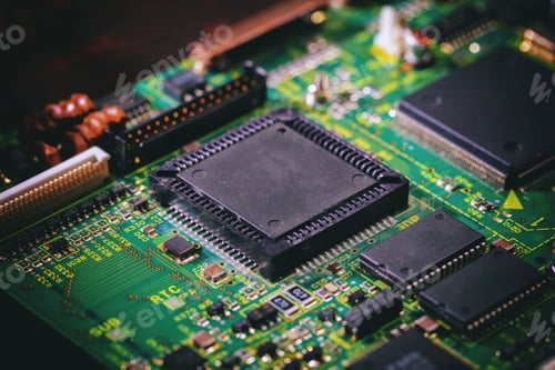 Preview: Computer circuit board closeup. CPU, processor, electronic components and wiring