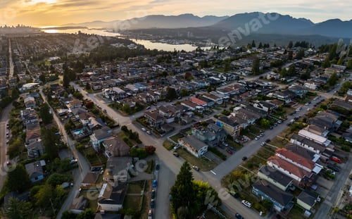 Preview: Aerial View Of Suburban Burnaby Neighborhood At Sunset Over Greater Vancouver