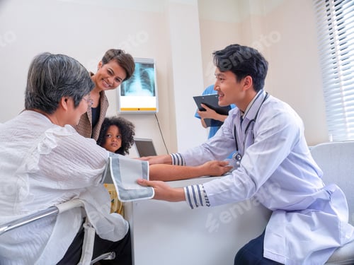 Preview: At hospital room patient sit on wheel chair consult doctor on heart beat prepare for blood pressure