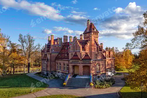 Preview: Jaunmoku Brick Medieval Castle Near Tukums, Latvia on a clear sunny autumn day, drone view