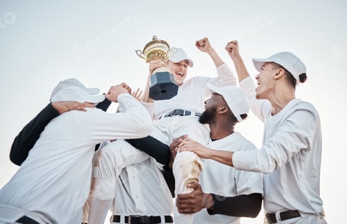 Preview: Baseball team, trophy win and men with award from teamwork, game and fitness. Winner, diversity and