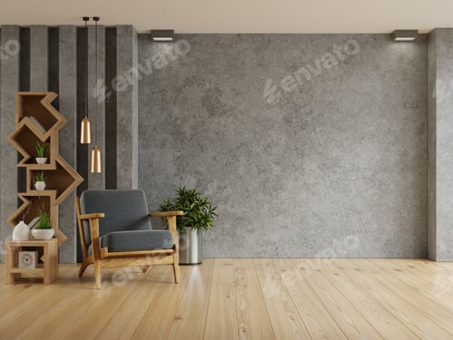 Preview: Living room interior style loft with armchair on empty concrete wall