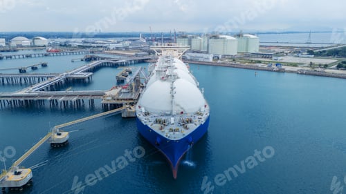 Preview: LNG (Liquified Natural Gas) tanker anchored in Gas terminal gas tanks for storage.