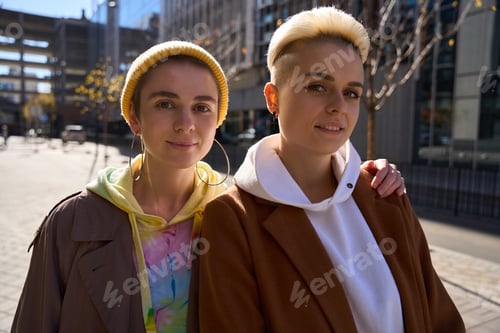 Preview: Two girlfriends, lgbt couple, walk along streets of big city