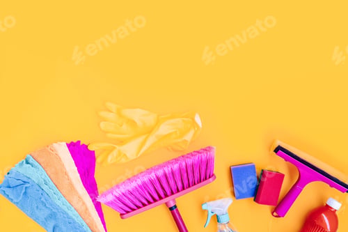 Preview: cleaning supplies tools on plain background