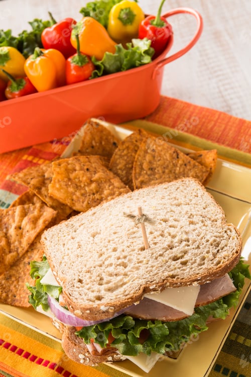 Preview: Healthy Lunch Sandwich With Ham Turkey Lettuce Tomato Cheese And Chips