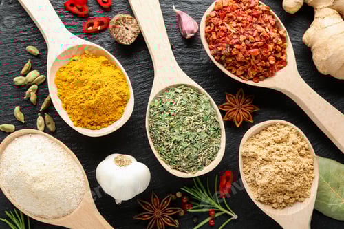 Visualização: Diferentes especiarias aromáticas em colheres na mesa preta, closeup