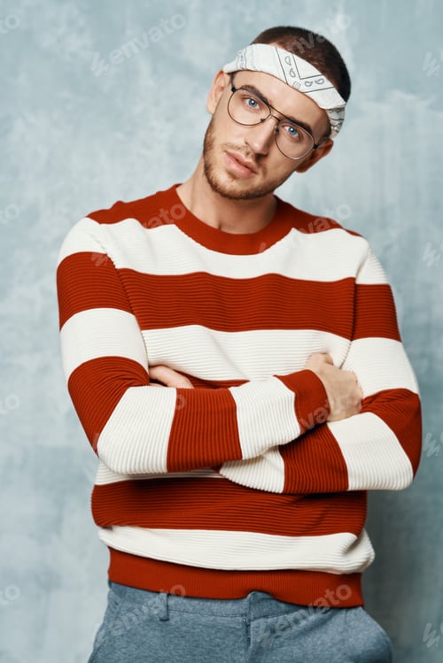 Preview: male naked full torso striped sweater posing fashion sexy style
