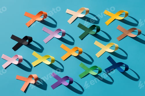Preview: flat lay with arranged colorful ribbons isolated on blue, world health day concept