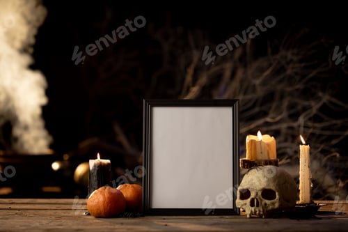 Preview: Black frame with copy space, skull, candles and smoke on black background
