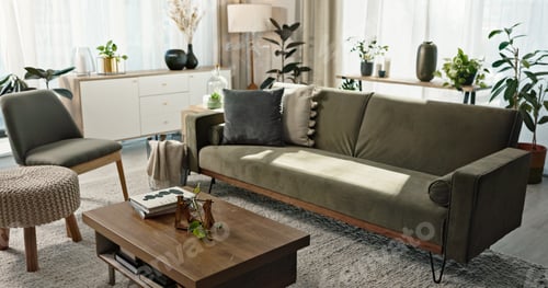 Preview: Home, interior and background of living room with sofa, couch and table of furniture. Lounge design