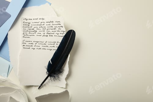 Preview: Blue envelopes, sheets of paper, bird feather and letter with text on white background