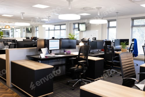 Preview: Empty open space office with desks, chairs and computers