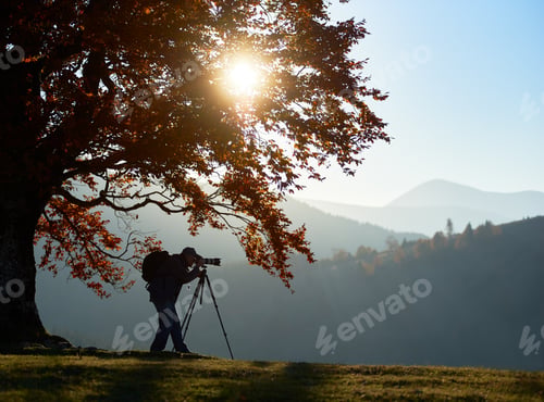 Preview: Hiker tourist man with camera on grassy valley on background of mountain landscape under big tree.