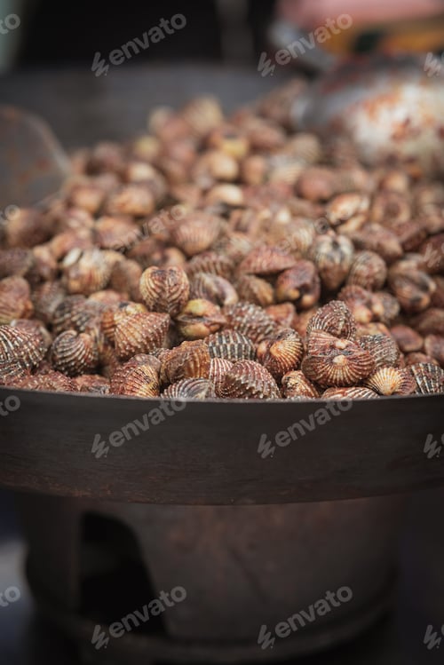 Preview: Cooked Blood Cockles on the plate, close-up.