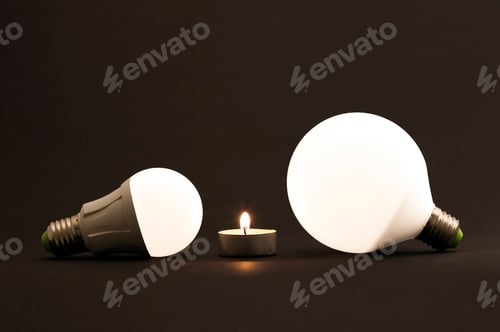 Preview: White little candle and LED electric bulbs on dark background. Concept describing the evolution of