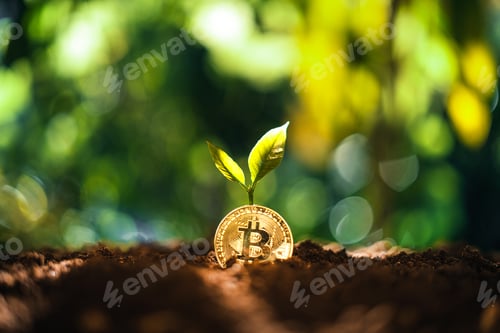 Preview: Bitcoin growth, Bitcoin coins on the ground and leaves grow.