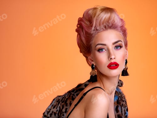 Preview: Beautiful woman with style hairstyle. White woman with bright colored makeup.