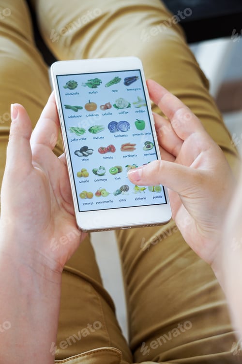 Preview: girl sitting and holding phone with shop delivery food, vegetable, screendelivery mobil from home