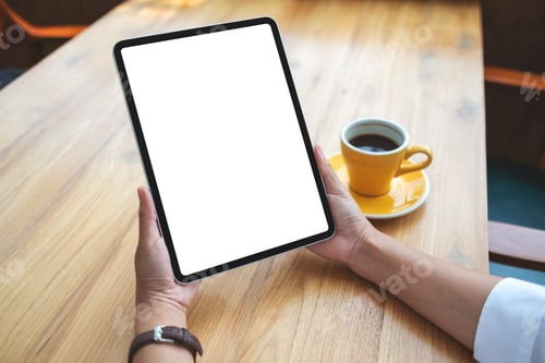Preview: Mockup image of a woman holding digital tablet with blank white desktop screen
