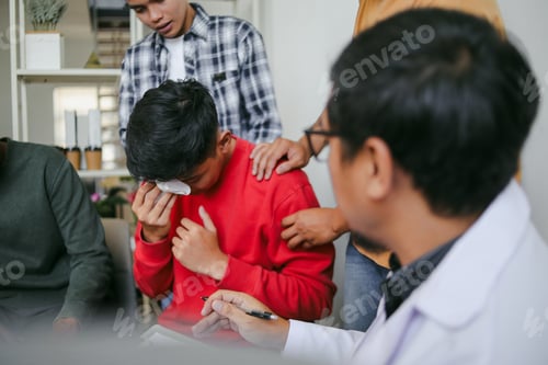 Preview: Portrait Of Diverse People Giving Supporting Friend While Sad During Group Therapy Session