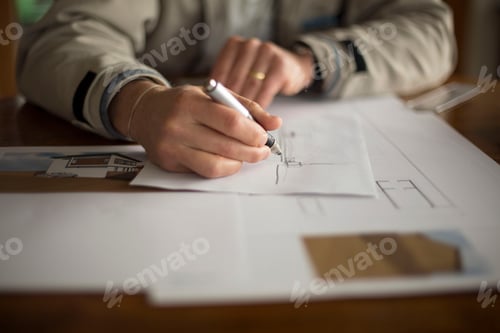 Preview: Mid-section of man doing technical drawing