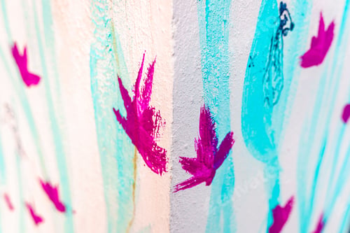 Preview: Nice decorative pink flowers painted on a wall