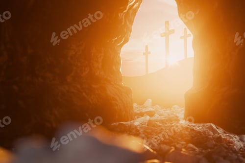 Preview: powerful depiction of the empty tomb of Jesus Christ at sunrise. Good friday