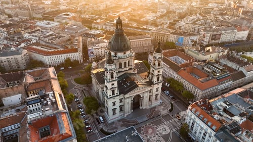 Preview: Aerial view of Budapest city skyline and St Stephens Basilica at sunrise