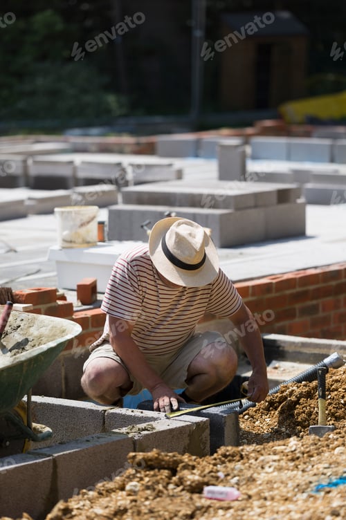 Preview: A man working on a construction site, laying foundations for a building.