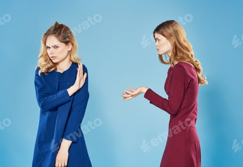 Preview: two women in dresses friendship communication fashion blue background