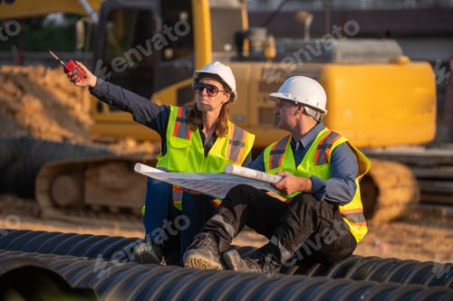 Preview: Construction surveyor or engineer working in pipe construction site