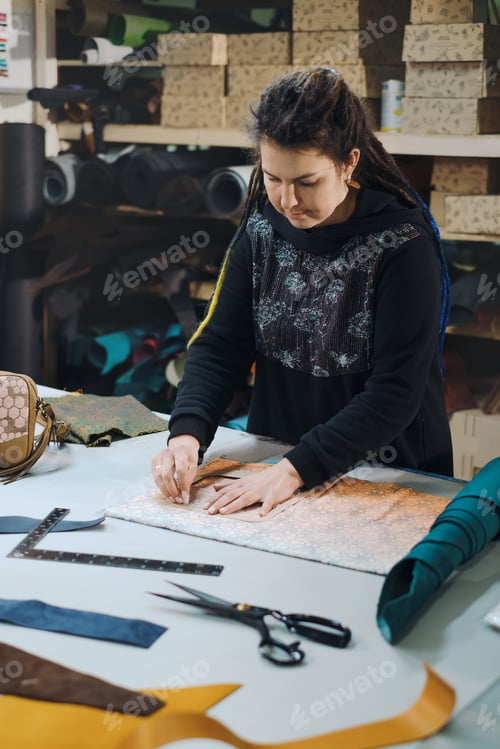 Preview: Seamstress at work. Dressmaker making clothes in modern studio