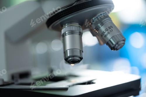 Preview: close-up of Microscope lens, science tools microscope in laboratory