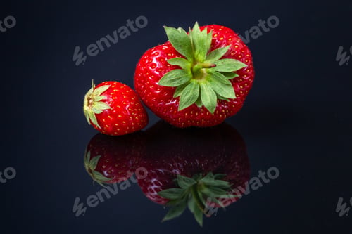 Preview: Horizontal shot of two red Croatian strawberries on a black reflecting surface