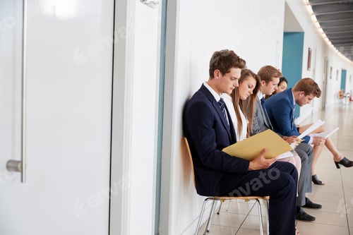Preview: Five young candidates sit waiting for job interviews