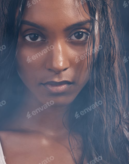 Preview: Portrait, black woman and cosmetics with skincare, serious and dermatology for morning routine, tre