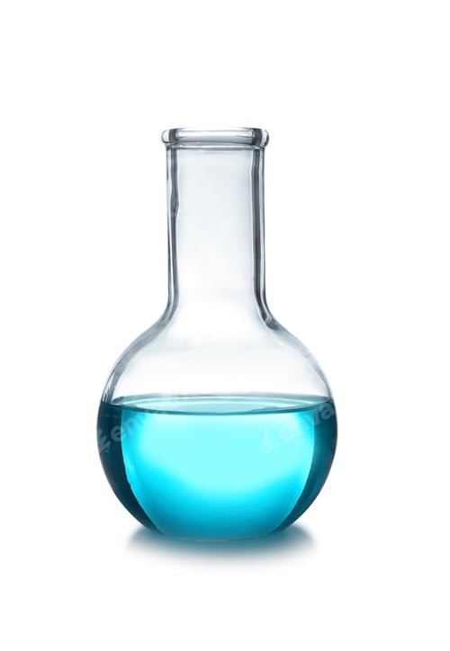 Preview: Flask with liquid on table against white background. Laboratory analysis