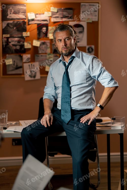 Preview: in the detective's office middle-aged investigator in a shirt and tie sits on a table looking at the