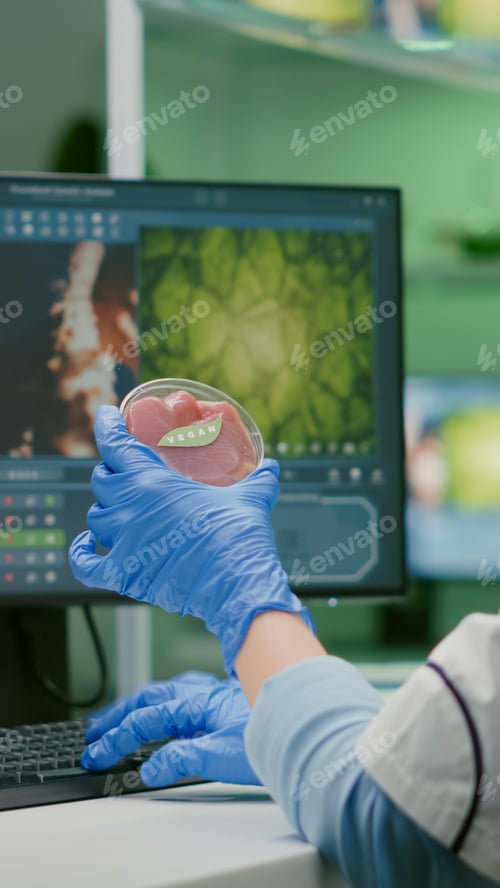Preview: Chemist woman analyzing vegan beef meat for biochemistry experiment